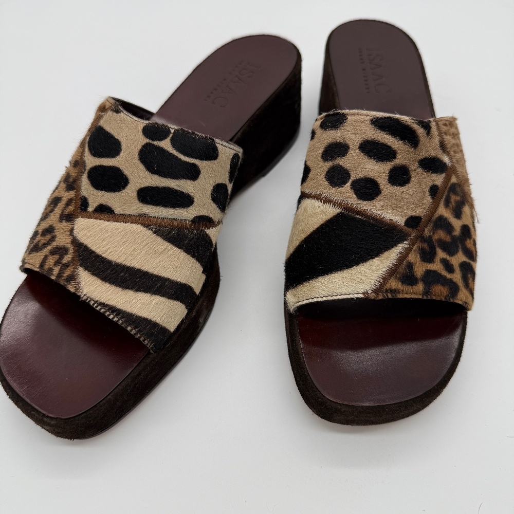 Vintage Isaac Mizrahi Italy Animal Print Fur Wedge Slides 10B  Leather Glamcore